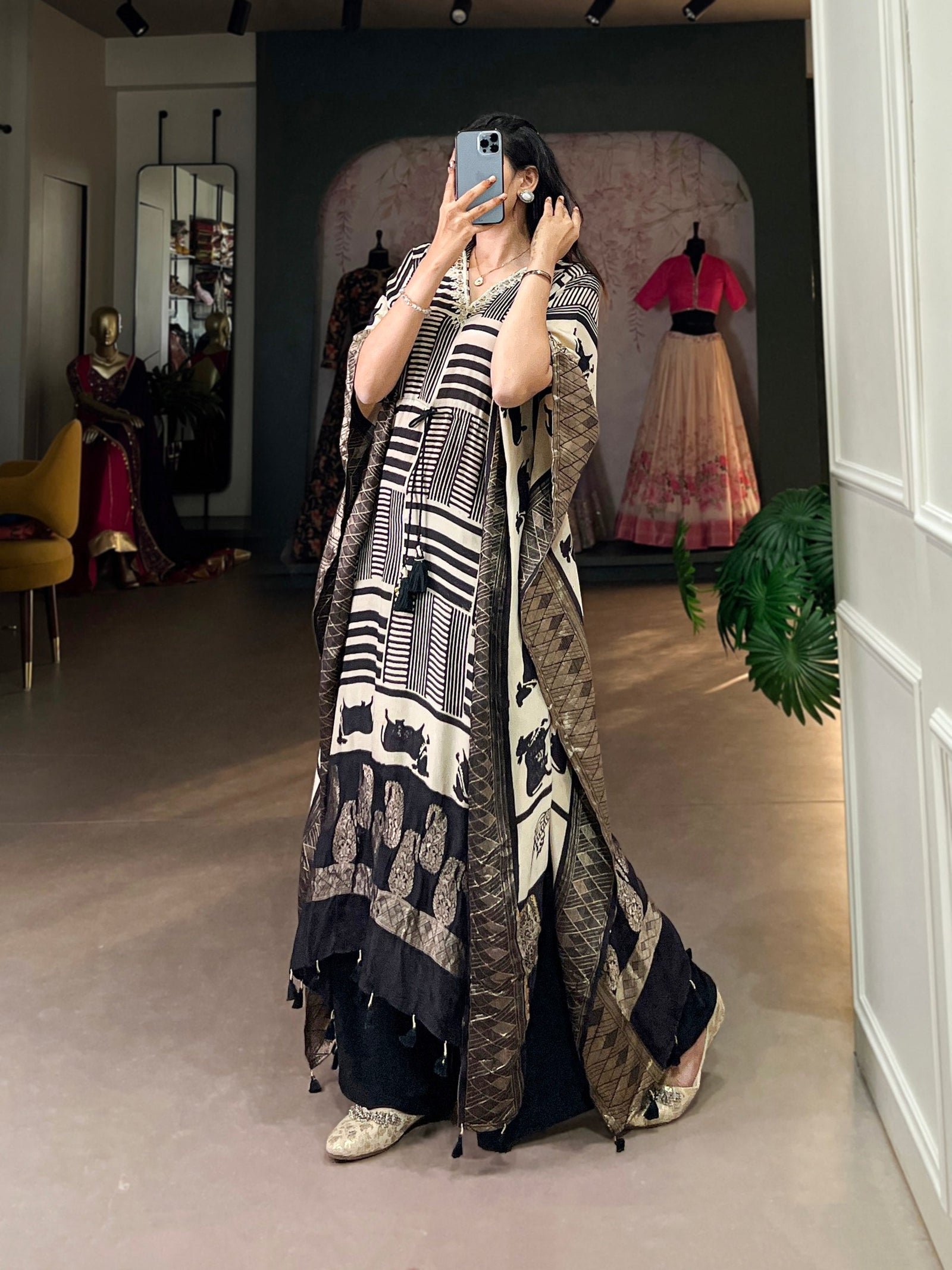 Cream Elegant Pure Viscose Handwork Kaftan with Zari Border ClothsVilla