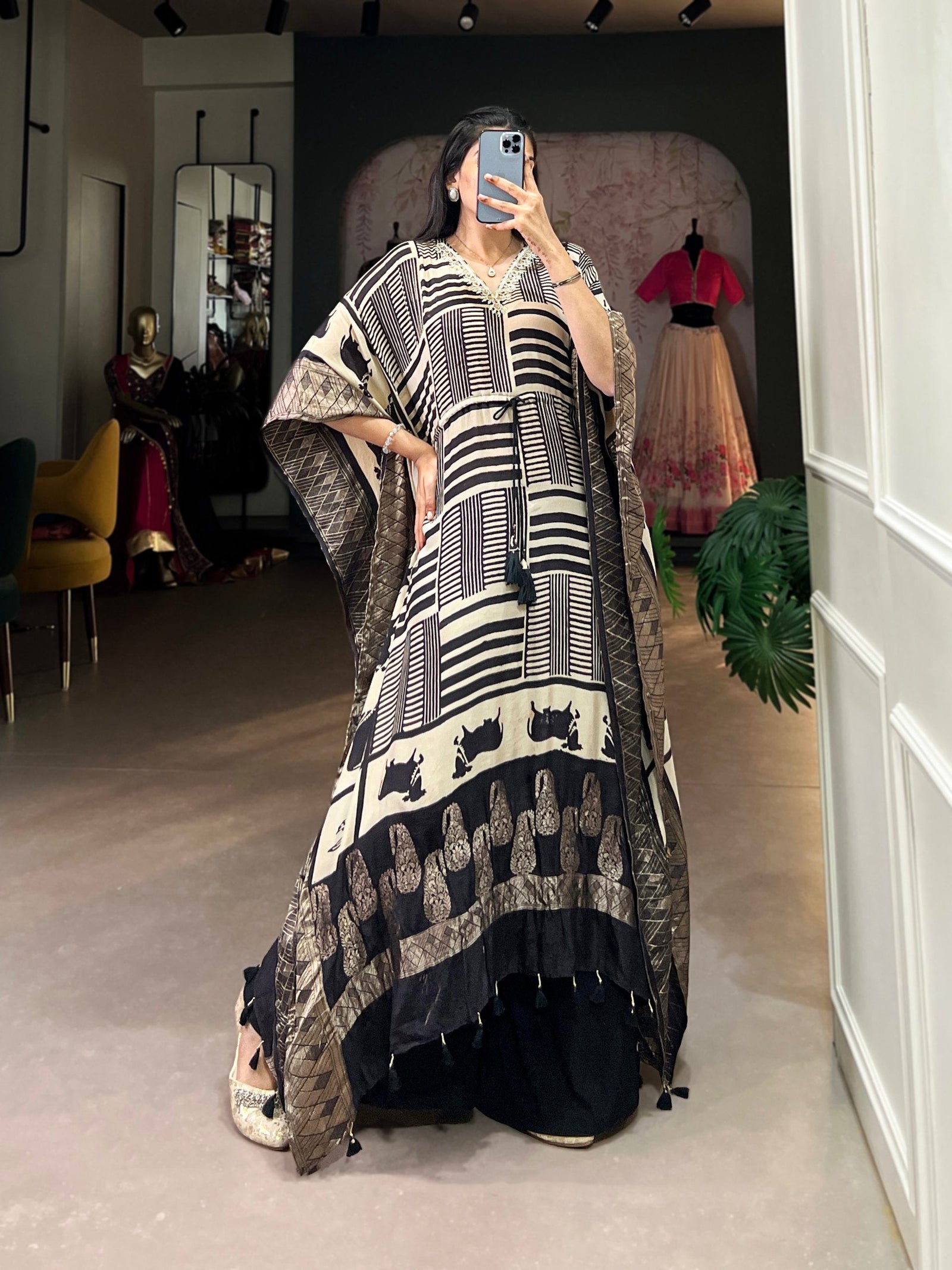 Cream Elegant Pure Viscose Handwork Kaftan with Zari Border ClothsVilla