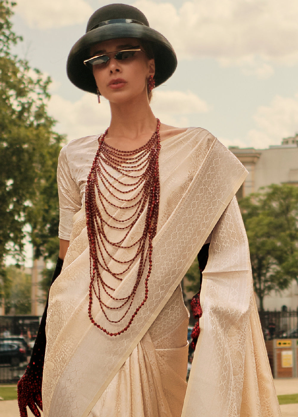 Cream Elegant Satin Silk Blend Saree with Matching Blended Silk Blouse Piece ClothsVilla
