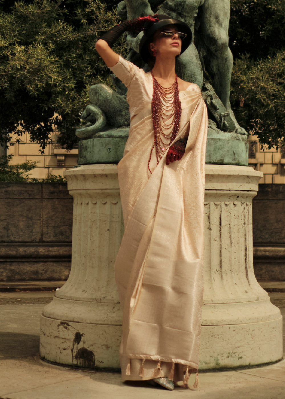 Cream Elegant Satin Silk Blend Saree with Matching Blended Silk Blouse Piece ClothsVilla