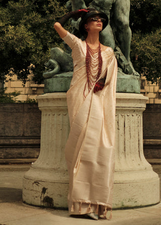 Cream Elegant Satin Silk Blend Saree with Matching Blended Silk Blouse Piece ClothsVilla