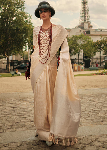 Cream Elegant Satin Silk Blend Saree with Matching Blended Silk Blouse Piece ClothsVilla