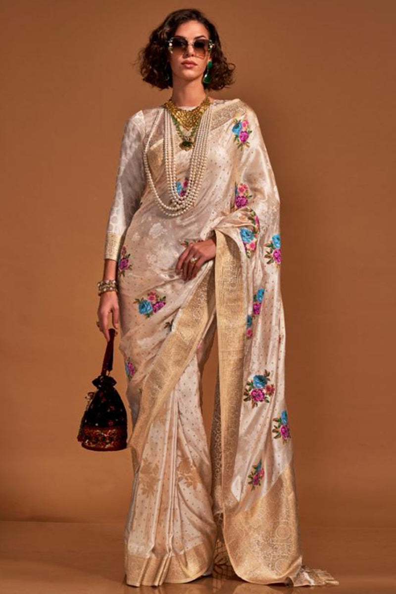 Cream Elegant Satin Traditional Saree with Zari & Thread Work ClothsVilla Main image