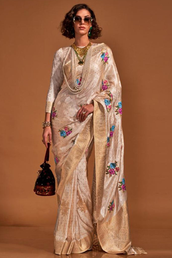 Cream Elegant Satin Traditional Saree with Zari & Thread Work ClothsVilla