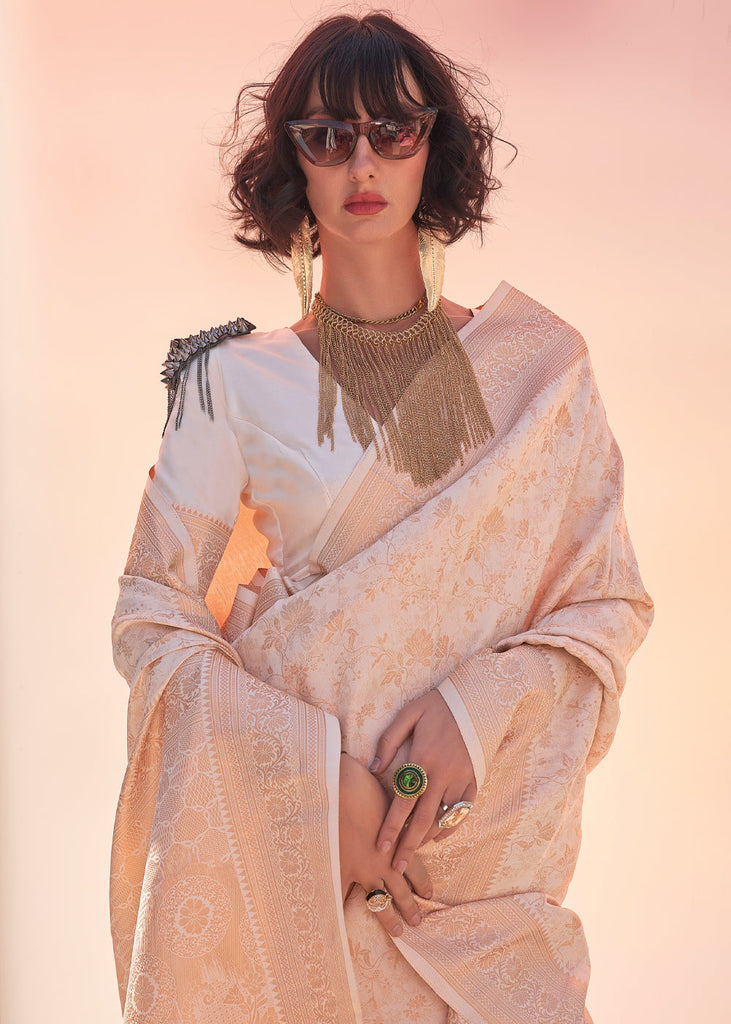 Cream Elegant Soft Banarasi Blended Silk Saree ClothsVilla