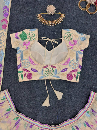 Cream Elegant Tabby Organza Semi-Stitched Lehenga Set with Sequence Work Clothsvilla