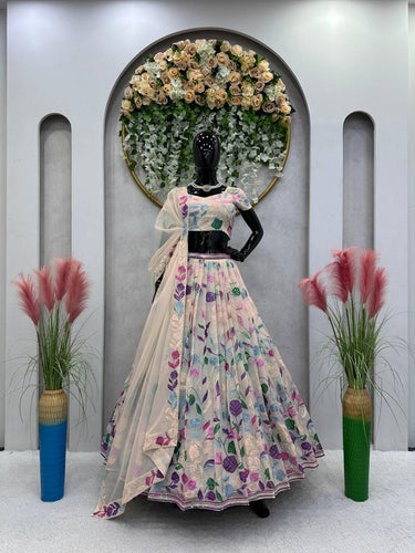 Cream Elegant Tabby Organza Semi-Stitched Lehenga Set with Sequence Work Clothsvilla