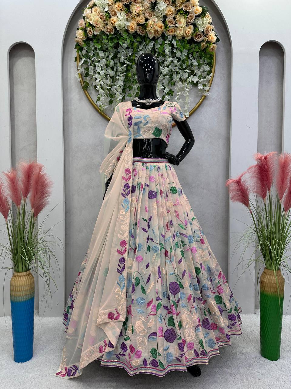 Cream Elegant Tabby Organza Semi-Stitched Lehenga Set with Sequence Work Clothsvilla