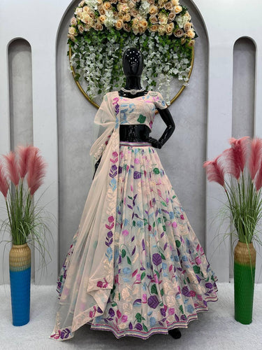 Cream Elegant Tabby Organza Semi-Stitched Lehenga Set with Sequence Work Clothsvilla