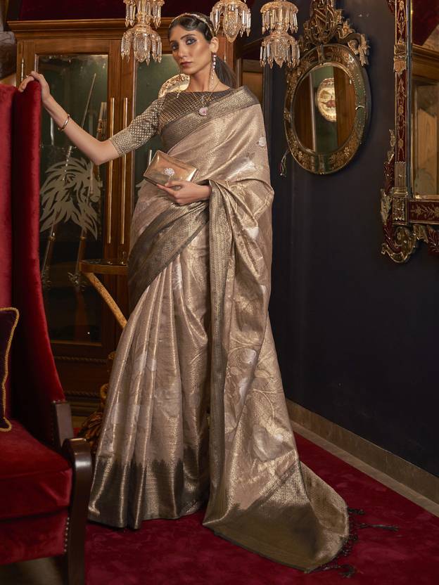 Cream Elegant Tanchoi Woven Banarasi Silk Blend Saree with Blouse Piece ClothsVilla