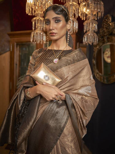 Cream Elegant Tanchoi Woven Banarasi Silk Blend Saree with Blouse Piece ClothsVilla