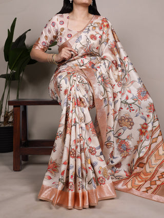 Cream Elegant Tasar Silk Saree with Traditional Floral Print & Viscose Border – 5.5 Meter Saree with Unstitched Blouse ClothsVilla