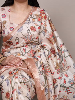 Cream Elegant Tasar Silk Saree with Traditional Floral Print & Viscose Border – 5.5 Meter Saree with Unstitched Blouse ClothsVilla