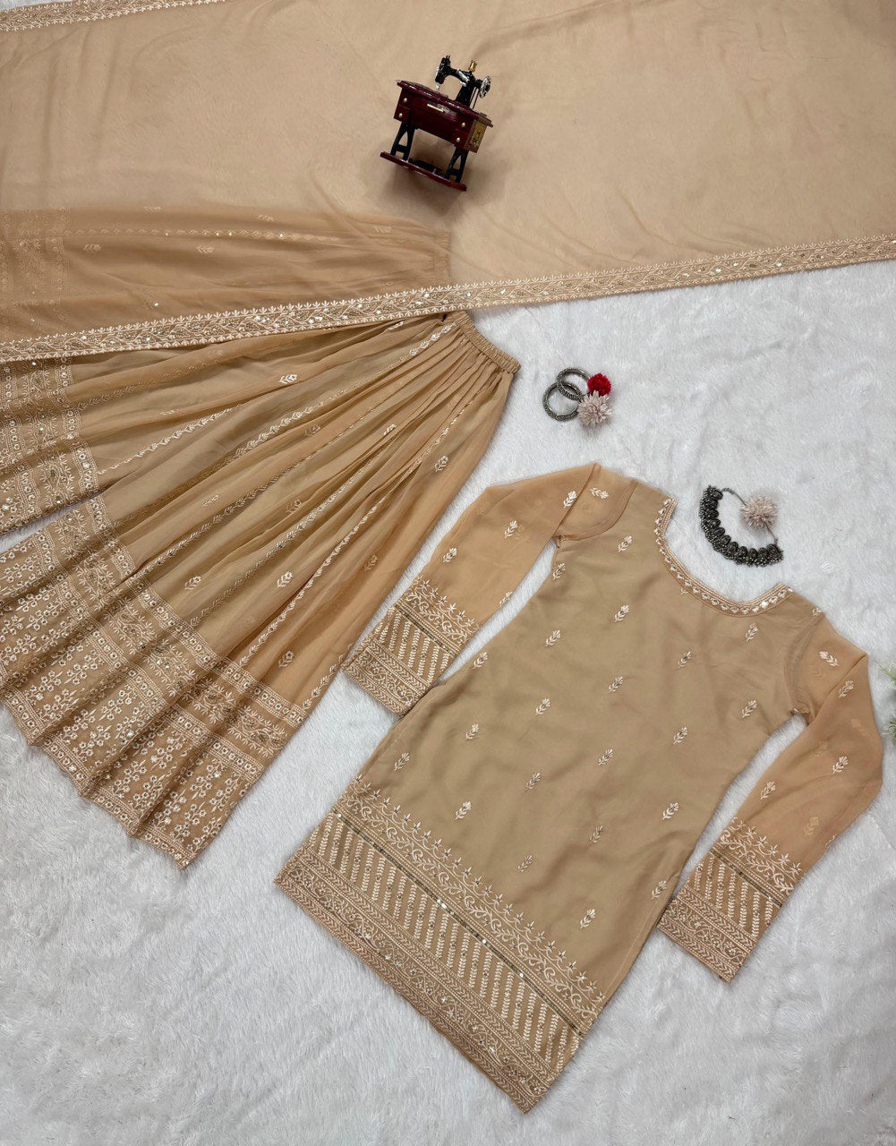 Cream Elegant Thread & Sequin Embroidered Georgette Suit Set