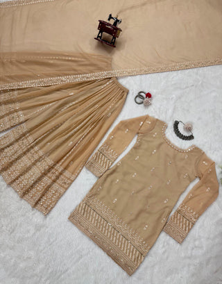 Cream Elegant Thread & Sequin Embroidered Georgette Suit Set