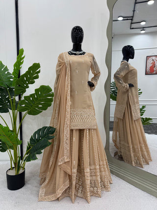 Cream Elegant Thread & Sequin Embroidered Georgette Suit Set
