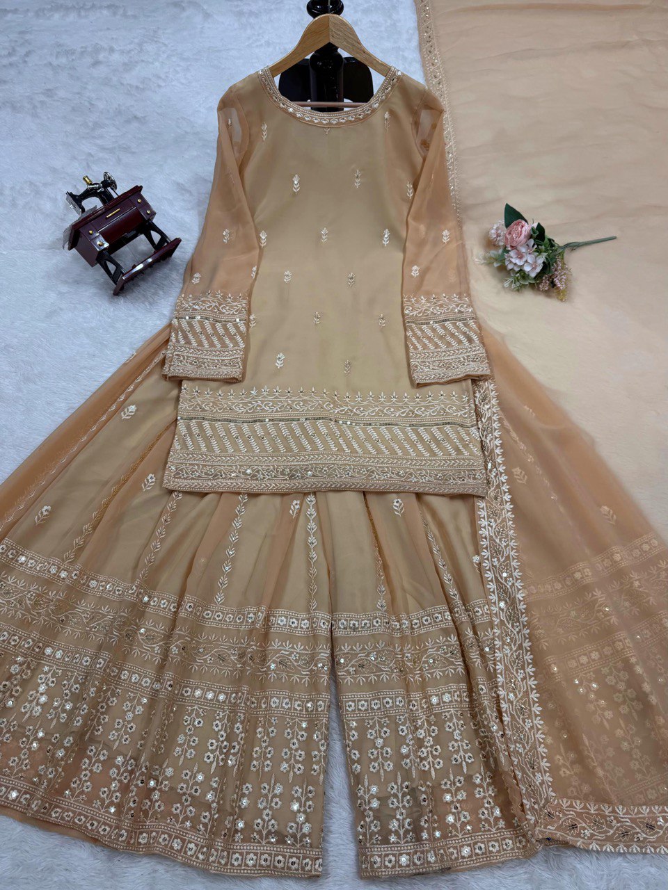Cream Elegant Thread & Sequin Embroidered Georgette Suit Set