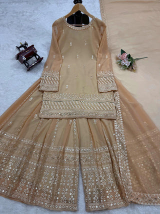 Cream Elegant Thread & Sequin Embroidered Georgette Suit Set