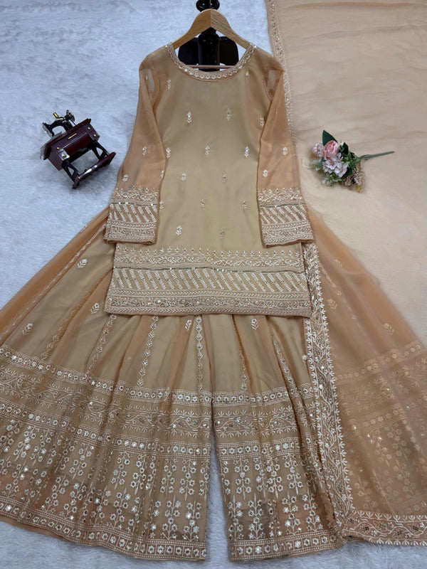 Cream Elegant Thread & Sequin Embroidered Georgette Suit Set