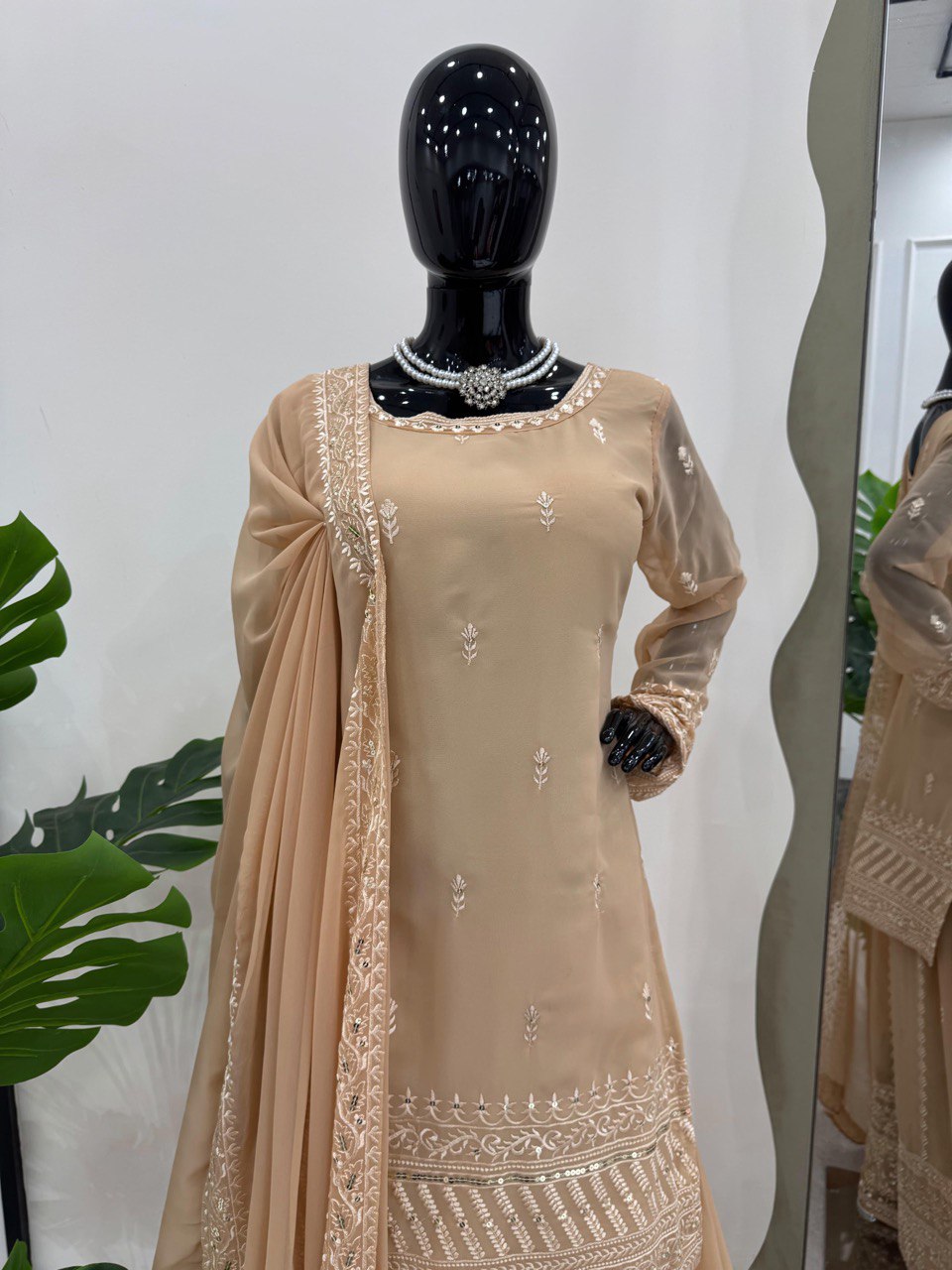 Cream Elegant Thread & Sequin Embroidered Georgette Suit Set