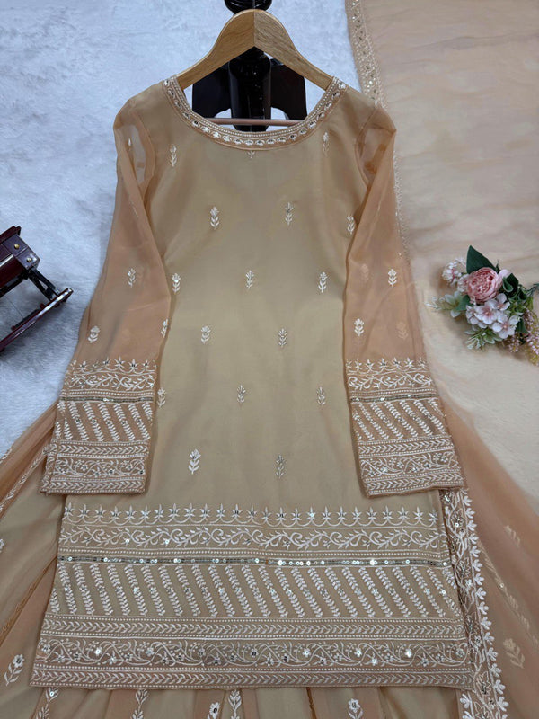 Cream Elegant Thread & Sequin Embroidered Georgette Suit Set