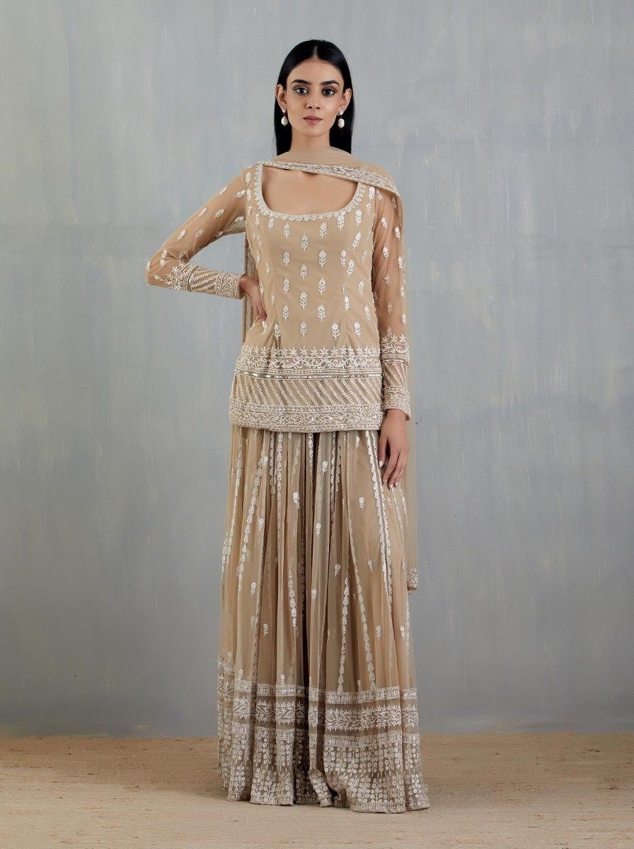 Cream Elegant Thread & Sequin Embroidered Georgette Suit Set Main image