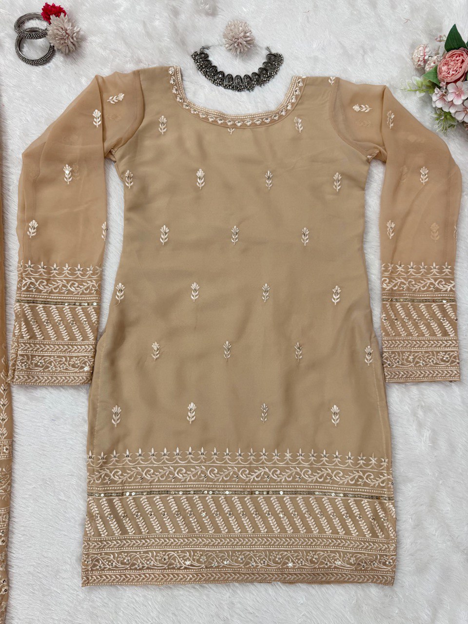 Cream Elegant Thread & Sequin Embroidered Georgette Suit Set