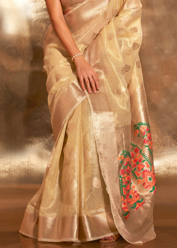 Cream Elegant Tissue Paithani Silk Saree with Designer Border & Embroidered Pallu ClothsVilla