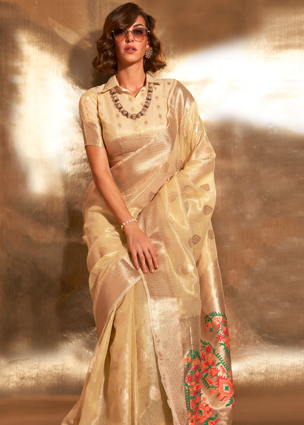 Cream Elegant Tissue Paithani Silk Saree with Designer Border & Embroidered Pallu ClothsVilla