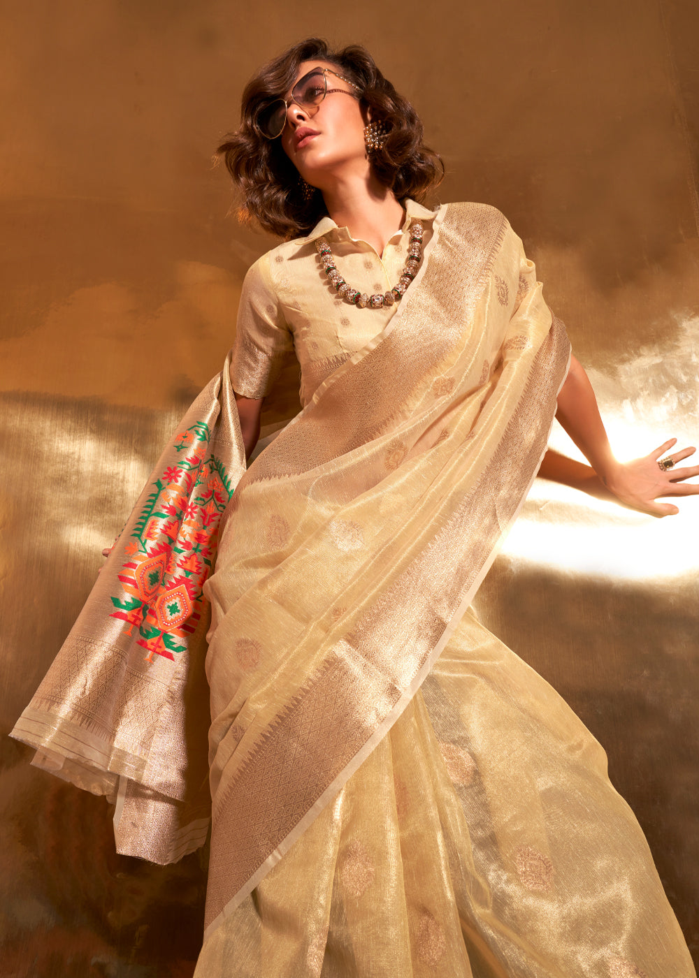 Cream Elegant Tissue Paithani Silk Saree with Designer Border & Embroidered Pallu ClothsVilla