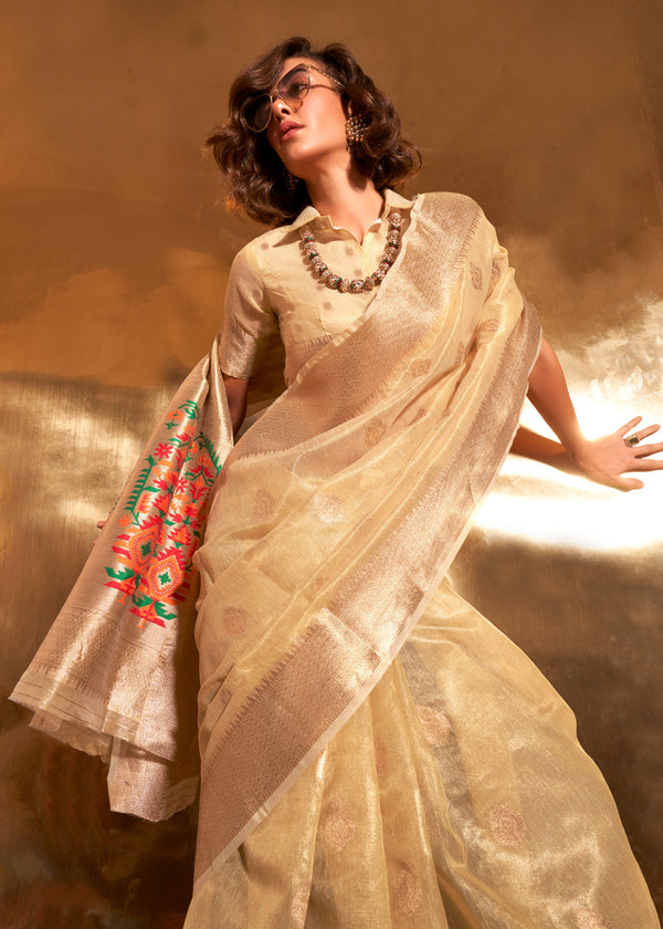 Cream Elegant Tissue Paithani Silk Saree with Designer Border & Embroidered Pallu ClothsVilla