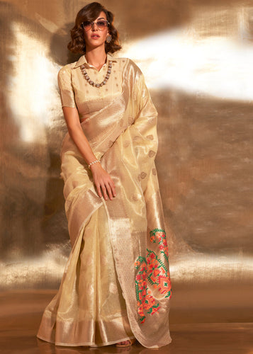 Cream Elegant Tissue Paithani Silk Saree with Designer Border & Embroidered Pallu ClothsVilla