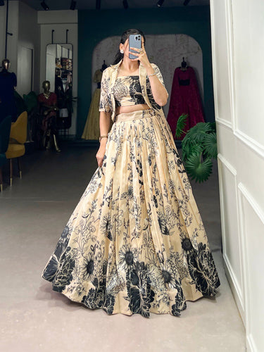Cream Elegant Tussar Silk Floral Co-ord Set – Lehenga, Blouse & Koti