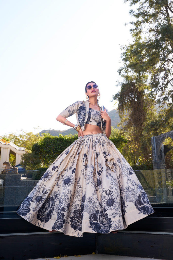 Cream Elegant Tussar Silk Floral Co-ord Set – Lehenga, Blouse & Koti ClothsVilla