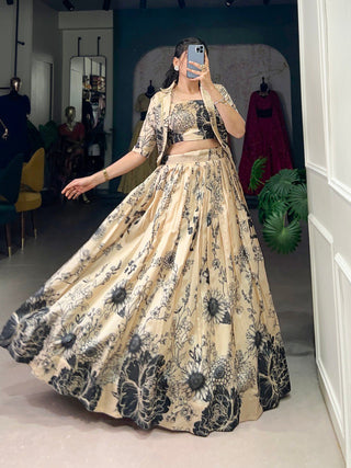 Cream Elegant Tussar Silk Floral Co-ord Set – Lehenga, Blouse & Koti