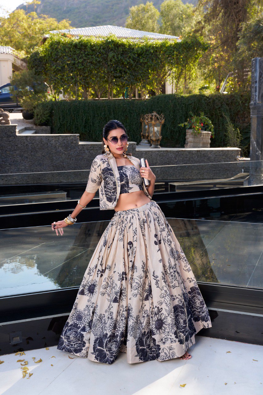 Cream Elegant Tussar Silk Floral Co-ord Set – Lehenga, Blouse & Koti ClothsVilla