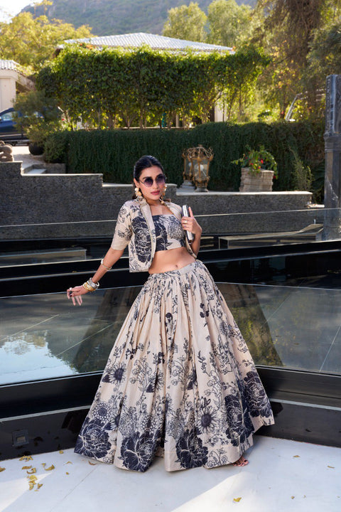 Cream Elegant Tussar Silk Floral Co-ord Set – Lehenga, Blouse & Koti ClothsVilla Main image
