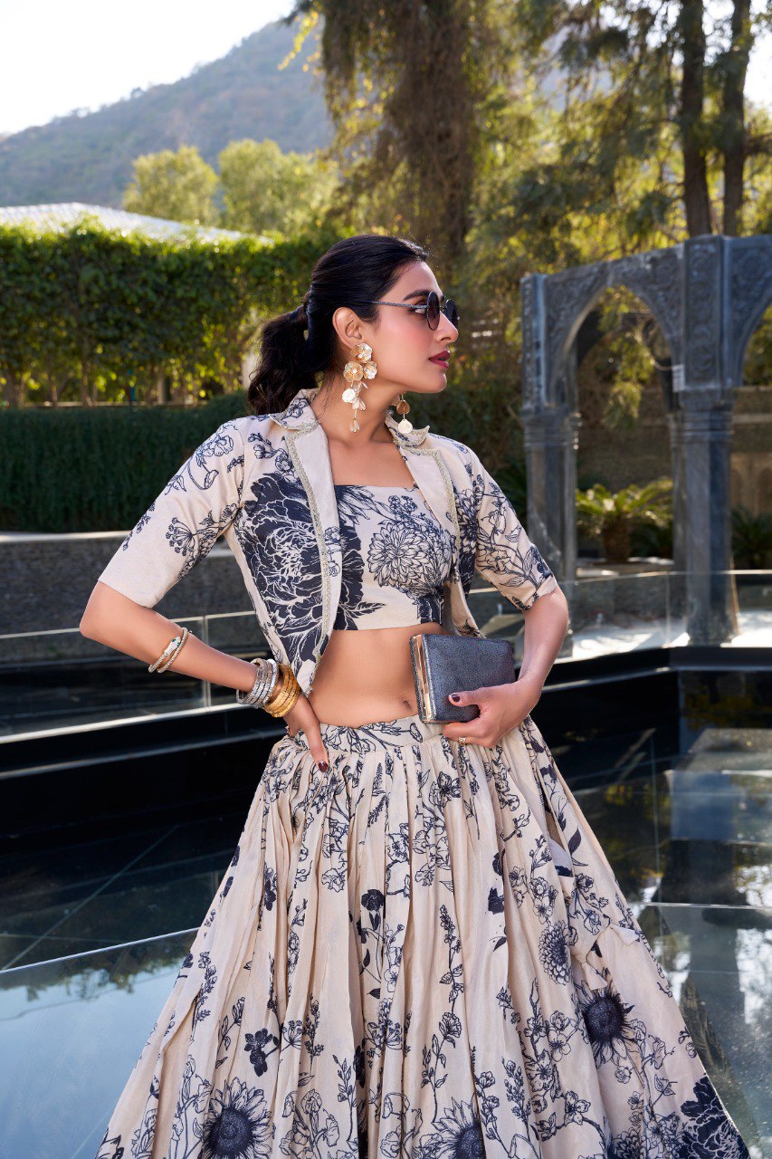 Cream Elegant Tussar Silk Floral Co-ord Set – Lehenga, Blouse & Koti ClothsVilla