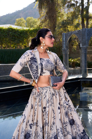 Cream Elegant Tussar Silk Floral Co-ord Set – Lehenga, Blouse & Koti ClothsVilla