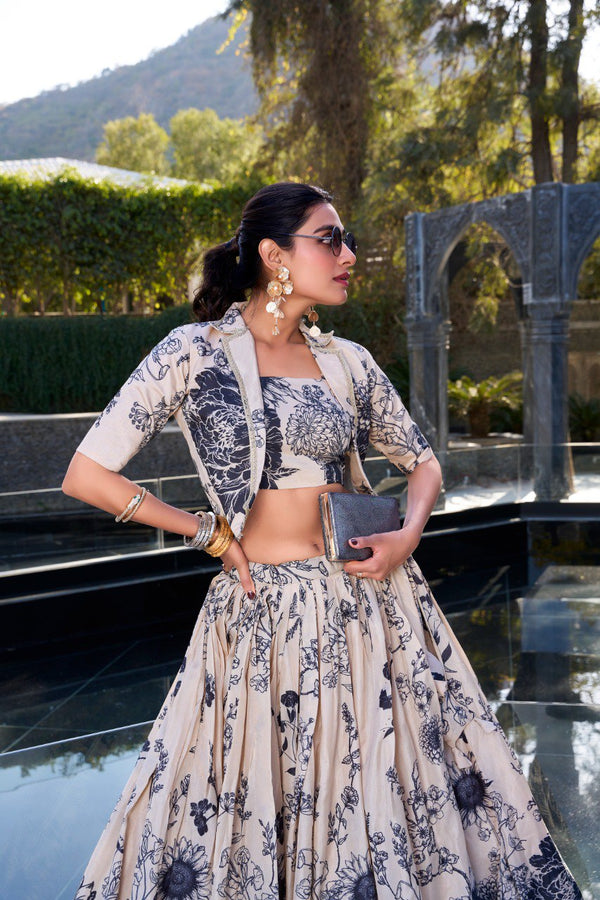 Cream Elegant Tussar Silk Floral Co-ord Set – Lehenga, Blouse & Koti ClothsVilla