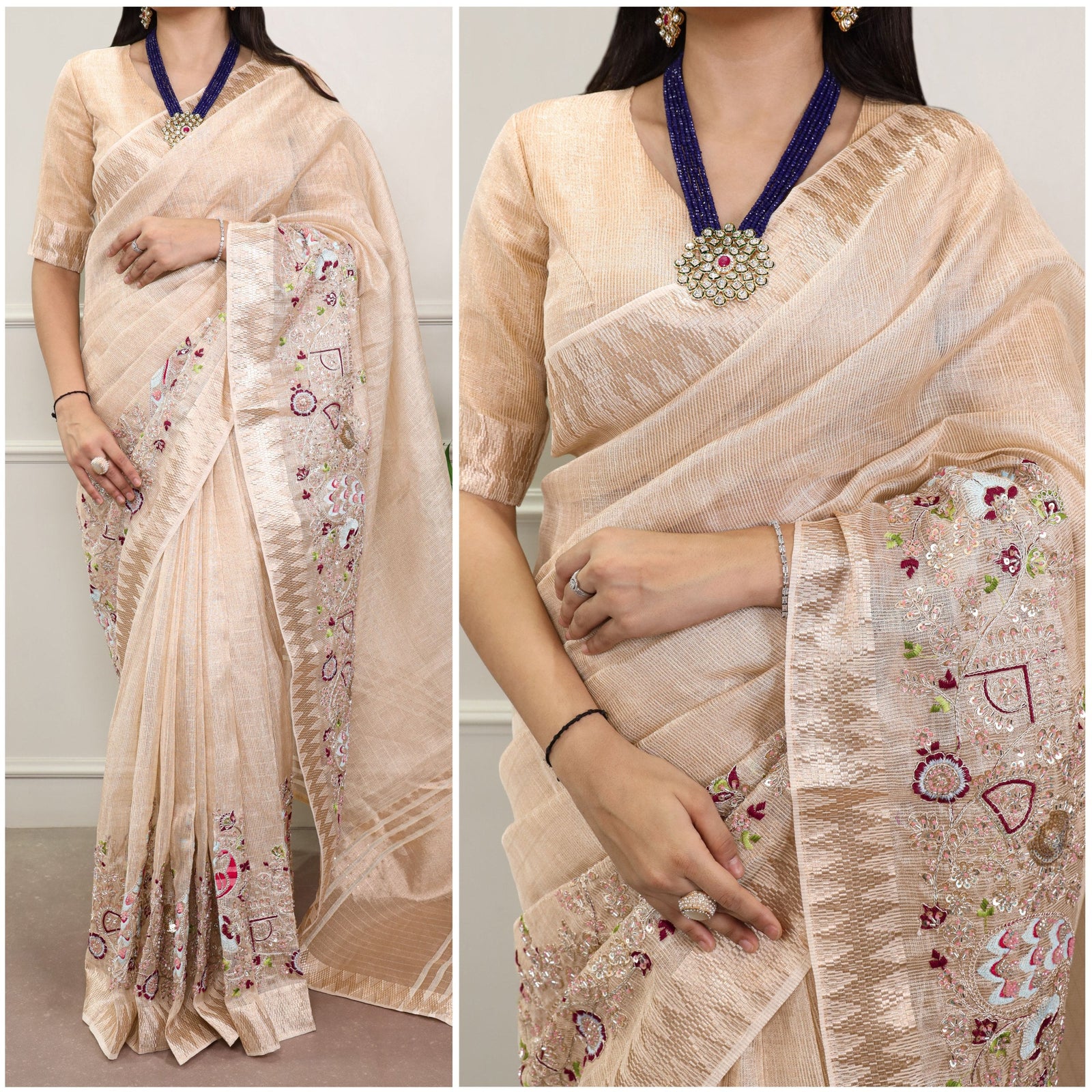 Cream Elegant Zari Kota Tissue Saree with Embroidery Beads Work & Zari Weaving Border, Matching Unstitched Blouse – Festive & Traditional Wear ClothsVilla