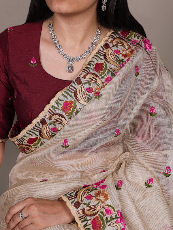Cream Elegant Zari Kota Tissue Saree with Exquisite Thread Embroidery Work and Banglory Blouse Piece – Premium Ethnic Ensemble ClothsVilla