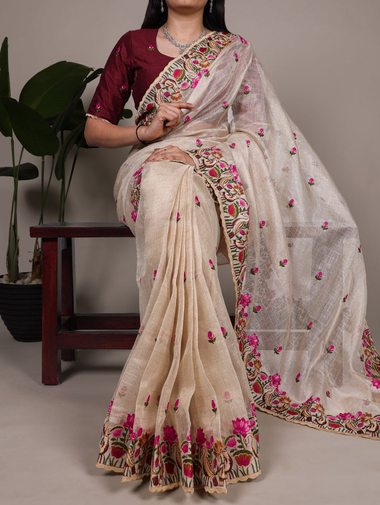 Cream Elegant Zari Kota Tissue Saree with Exquisite Thread Embroidery Work and Banglory Blouse Piece – Premium Ethnic Ensemble ClothsVilla