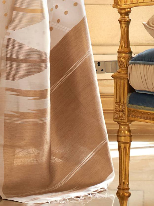 Cream Embroidered Banarasi Tissue Saree with Tassels ClothsVilla