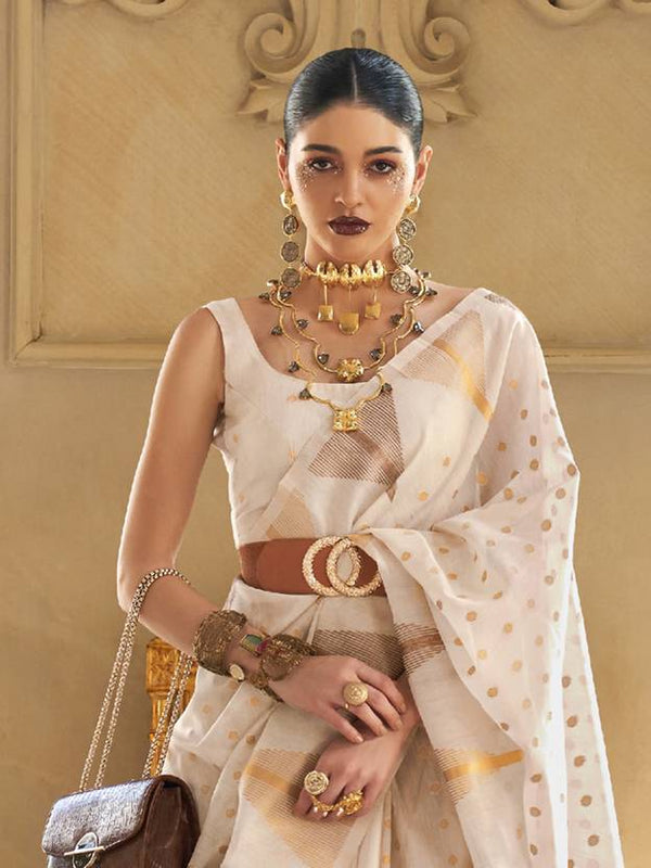 Cream Embroidered Banarasi Tissue Saree with Tassels ClothsVilla