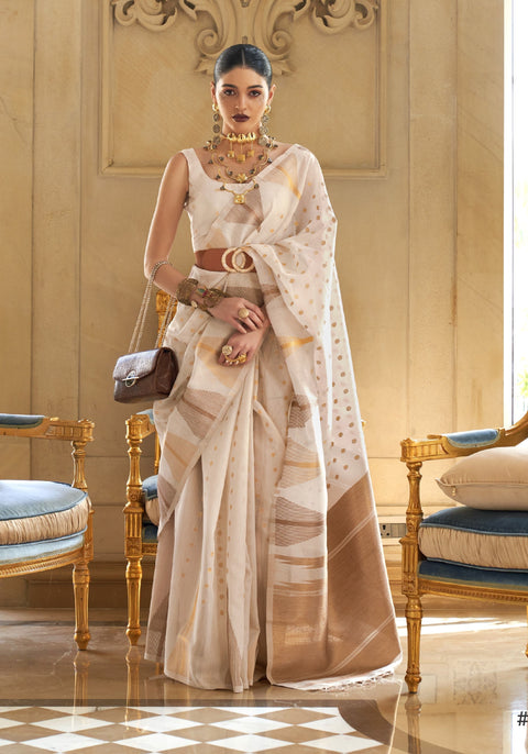 Cream Embroidered Banarasi Tissue Saree with Tassels ClothsVilla Main image