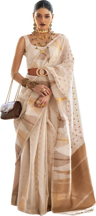 Cream Embroidered Banarasi Tissue Saree with Tassels ClothsVilla Main image