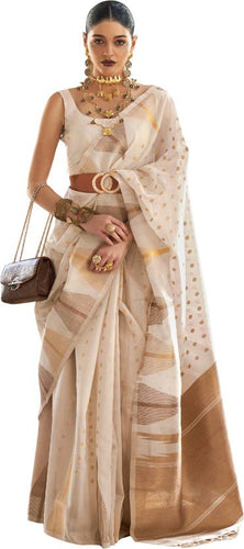 Cream Embroidered Banarasi Tissue Saree with Tassels ClothsVilla