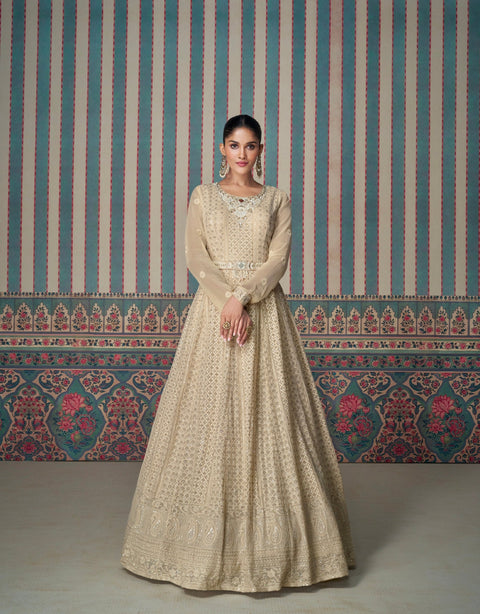 Cream Embroidered Gown with Lace Dupatta ClothsVilla Main image