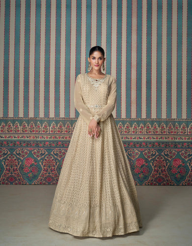 Cream Embroidered Gown with Lace Dupatta ClothsVilla